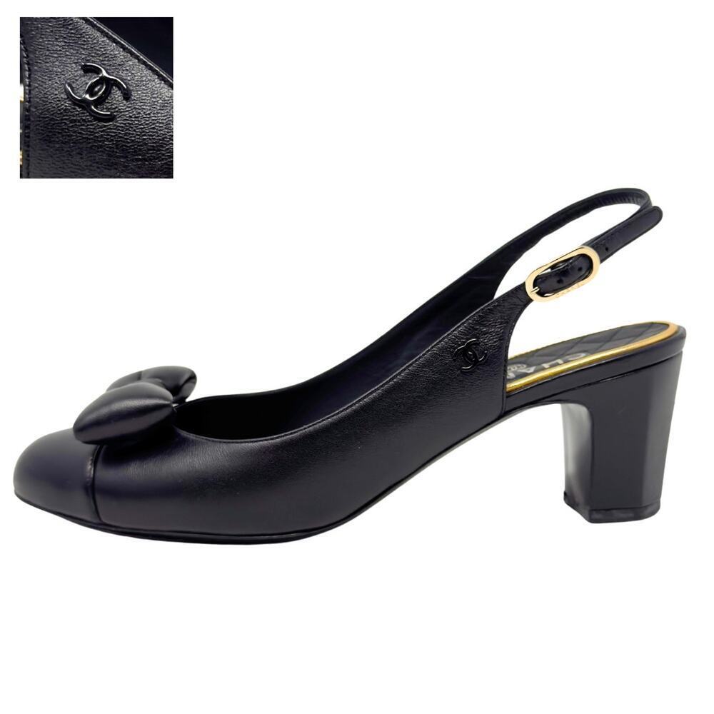 Chanel CC Logo Bow Black Gold Slingback Quilted Mary Jane Block Heels Loafers 38
